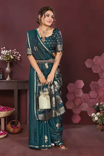 emerald green Satin silk floral motifs zari weaving banarasi saree