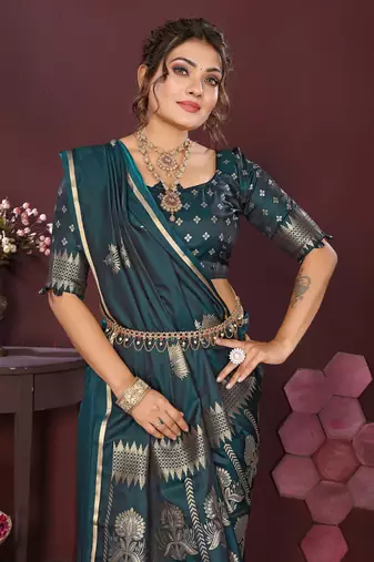 emerald green Satin silk floral motifs zari weaving banarasi saree