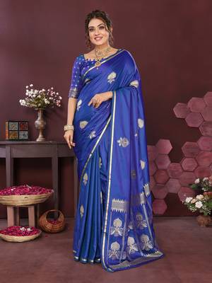 royal blue Satin silk floral motifs zari weaving banarasi saree 1