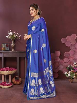 royal blue Satin silk floral motifs zari weaving banarasi saree 3