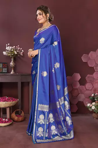 royal blue Satin silk floral motifs zari weaving banarasi saree