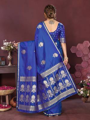 royal blue Satin silk floral motifs zari weaving banarasi saree 4