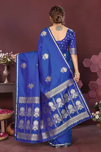 royal blue Satin silk floral motifs zari weaving banarasi saree