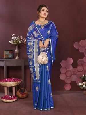 royal blue Satin silk floral motifs zari weaving banarasi saree 5
