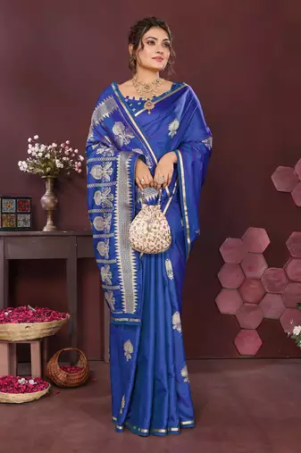 royal blue Satin silk floral motifs zari weaving banarasi saree