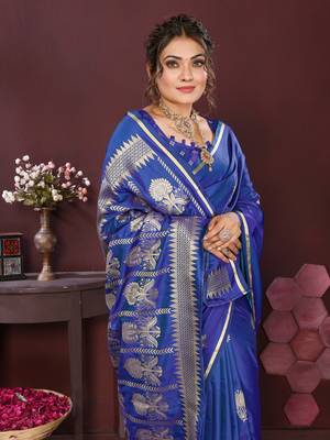 royal blue Satin silk floral motifs zari weaving banarasi saree 6