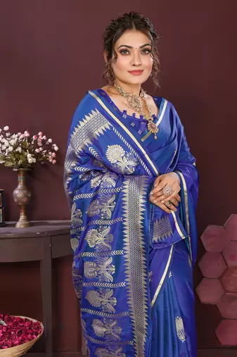 royal blue Satin silk floral motifs zari weaving banarasi saree
