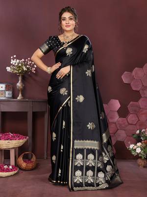 black Satin silk floral motifs zari weaving banarasi saree 1