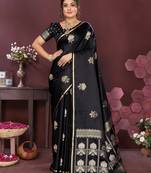 black Satin silk floral motifs zari weaving banarasi saree