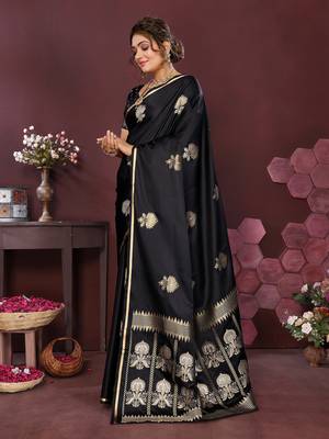 black Satin silk floral motifs zari weaving banarasi saree 3