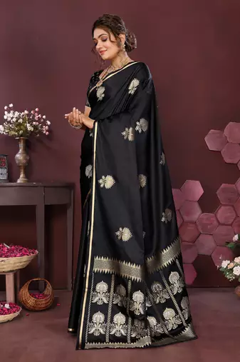 black Satin silk floral motifs zari weaving banarasi saree