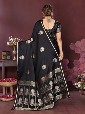 black Satin silk floral motifs zari weaving banarasi saree 4
