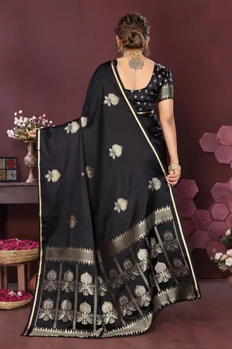 black Satin silk floral motifs zari weaving banarasi saree