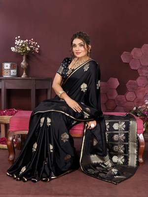 black Satin silk floral motifs zari weaving banarasi saree 5