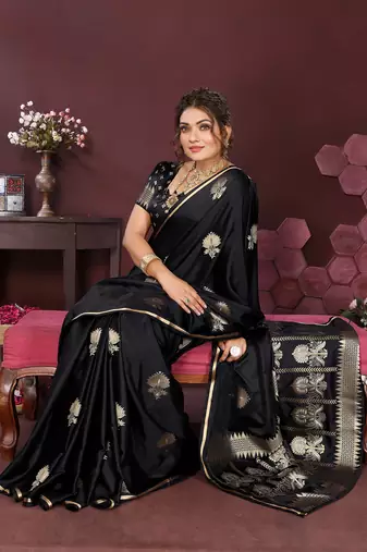 black Satin silk floral motifs zari weaving banarasi saree