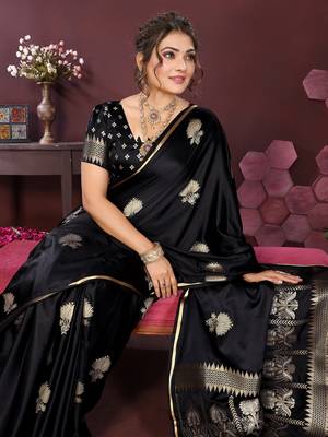 black Satin silk floral motifs zari weaving banarasi saree 6