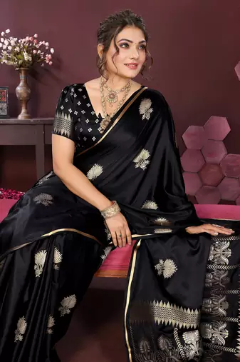 black Satin silk floral motifs zari weaving banarasi saree