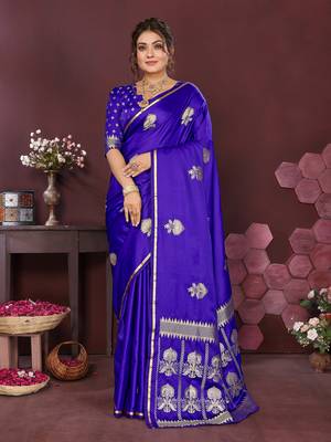 royal blue Satin silk floral motifs zari weaving banarasi saree 1