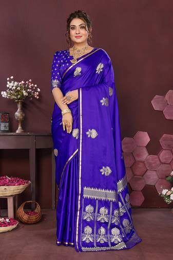 royal blue Satin silk floral motifs zari weaving banarasi saree