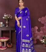 royal blue Satin silk floral motifs zari weaving banarasi saree