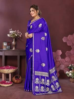royal blue Satin silk floral motifs zari weaving banarasi saree 3