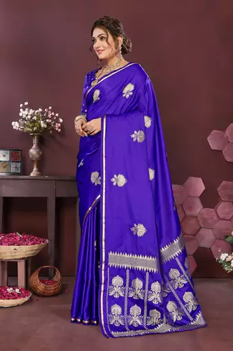 royal blue Satin silk floral motifs zari weaving banarasi saree