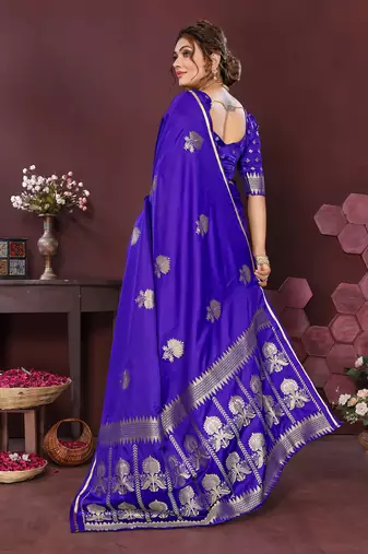 royal blue Satin silk floral motifs zari weaving banarasi saree