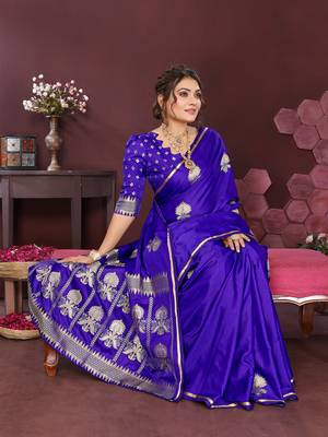 royal blue Satin silk floral motifs zari weaving banarasi saree 5