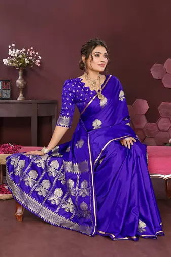 royal blue Satin silk floral motifs zari weaving banarasi saree
