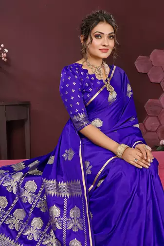 royal blue Satin silk floral motifs zari weaving banarasi saree