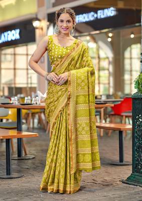 Olive green mul cotton bagru block print saree with unstitched blouse 1