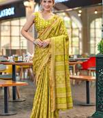 Olive green mul cotton bagru block print saree with unstitched blouse