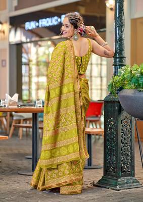 Olive green mul cotton bagru block print saree with unstitched blouse 2