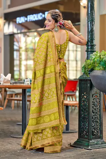 Olive green mul cotton bagru block print saree with unstitched blouse