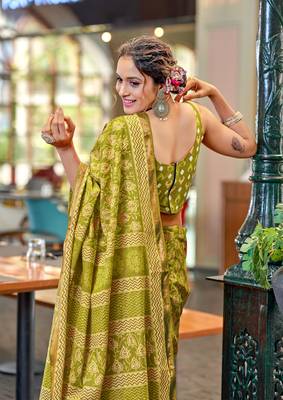 Olive green mul cotton bagru block print saree with unstitched blouse 3