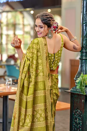 Olive green mul cotton bagru block print saree with unstitched blouse