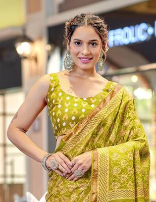 Olive green mul cotton bagru block print saree with unstitched blouse 4