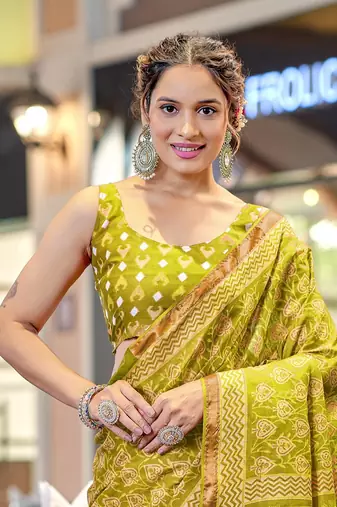 Olive green mul cotton bagru block print saree with unstitched blouse