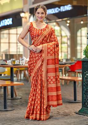 Orange mulcotton bagru block print saree with unstitched blouse 1