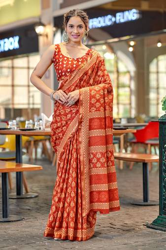 Orange mulcotton bagru block print saree with unstitched blouse