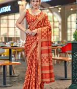 Orange mulcotton bagru block print saree with unstitched blouse