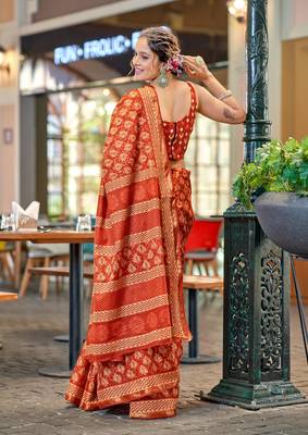 Orange mulcotton bagru block print saree with unstitched blouse 2