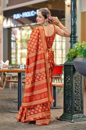 Orange mulcotton bagru block print saree with unstitched blouse