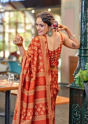 Orange mulcotton bagru block print saree with unstitched blouse 3