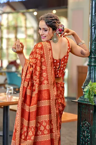 Orange mulcotton bagru block print saree with unstitched blouse