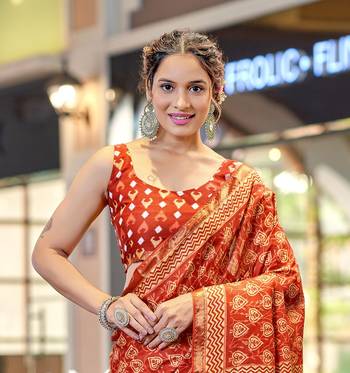 Orange mulcotton bagru block print saree with unstitched blouse 4