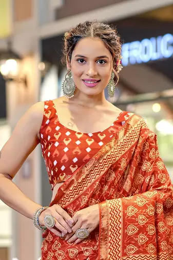 Orange mulcotton bagru block print saree with unstitched blouse