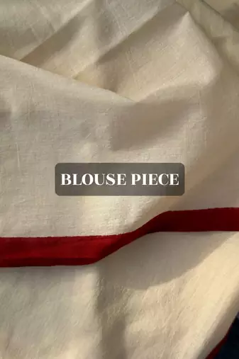 Cream and red hand block leaf printed mul cotton saree with blouse