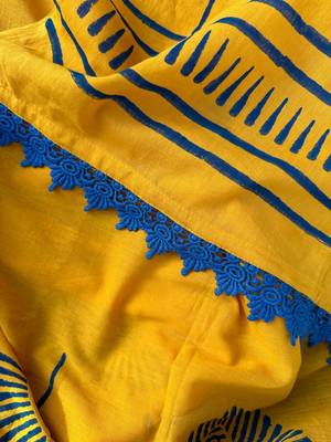Mustard hand block printed mul cotton saree with blouse 6