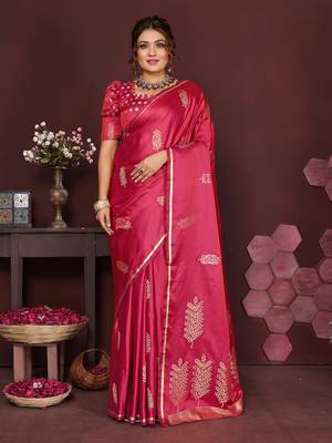 pink Satin silk floral motifs zari weaving banarasi saree 1